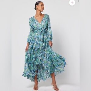 Elliatt Revolve Claude Ruffled Satin Maxi Dress Floral High Low hem Blue Small S